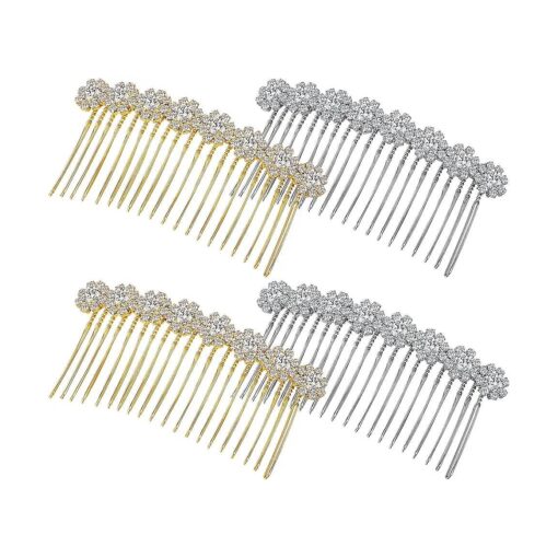 Geosar 4 Pieces Alloy Rhinestone Side Hair Combs Crystal Flower Hair Clips Wedding Hair Comb Bridal Jewelry Hair Clips Combs French Hair Accessories for Women and Girls ( Silver, Gold )