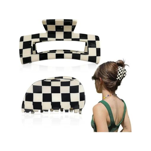 Checkered Hair Clip, Claw Banana Clips for Thick Hair Black White Jaw Clips French Tortoise Shell Grip Pin Teeth y2k Accessories for Women Girls ( 2Pack )