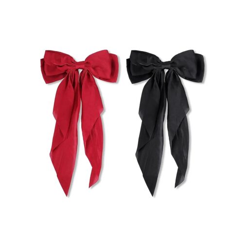 Big Ribbon Hair Bows Clips for Women Girls 8" Silky Hair Ties with Long Tail, Vintage French Style Hair Styling Accessories for Women Girls, Cute Aesthetic Stuff for Teen Girls, Burgundy and Black