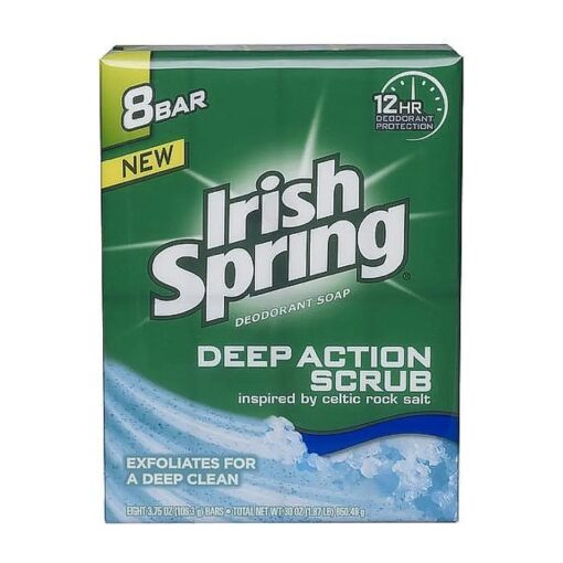 Irish Spring Deodorant Soap Bars Deep Action Scrub with Scrubbing Beads, 3.75 Ounce 8 Count Pack of 2