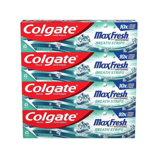 Colgate Max Fresh Whitening Toothpaste with Mini Strips, Clean Mint Toothpaste for Bad Breath, Helps Fight Cavities, Whitens Teeth, and Freshens Breath, 6.3 Ounce ( Pack of 4 )