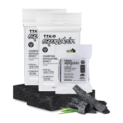 T.Taio Esponjabon Charcoal Soap Sponge - Cleansing Shower Scrubber - Cleaning Bath Wash Scrub - Oil Removal - Massage & Lather Foot, Elbow, & Face - Bathroom Accessories - Charcoal, Mini Soap Included