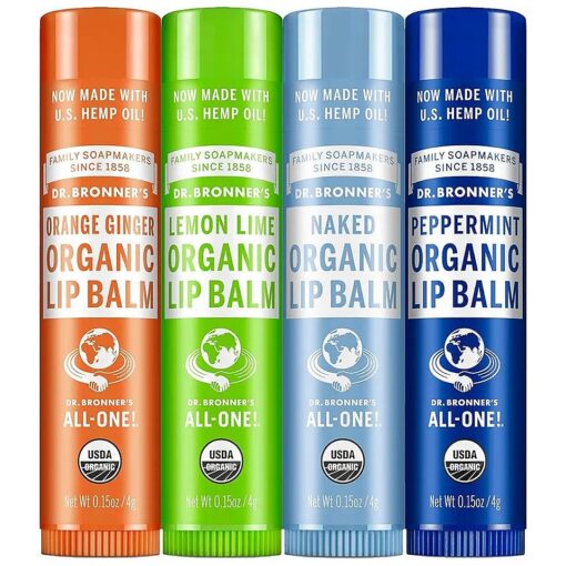 Dr. Bronner 's - Organic Lip Balm Variety Peppermint, Orange Ginger, Naked, Lemon Lime ) - Made with Organic Beeswax and Avocado Oil, For Dry Lips, Hands, Chin or Cheeks, 0.15 Ounce ( Pack of 4 )