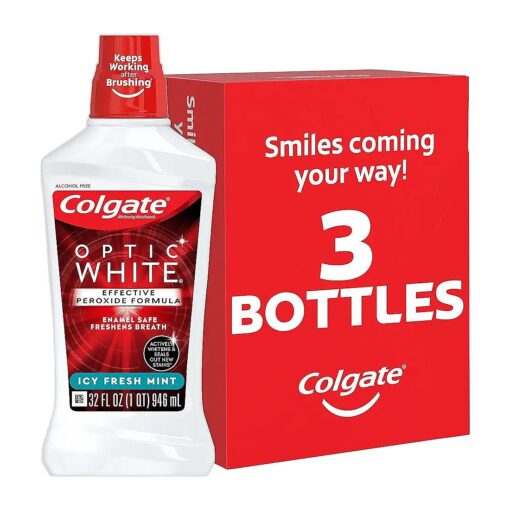 Colgate Optic White Whitening Mouthwash with Hydrogen Peroxide, Alcohol Free, Icy Fresh Mint - 32 fluid ounces ( 3 Pack )