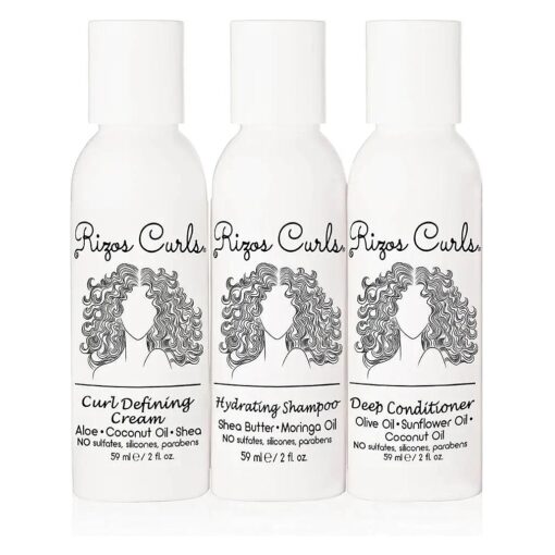 Rizos Curls Trio Travel Kit, Travel Hydrating Shampoo & Deep Conditioner & Curl Cream Bundle, Gently Cleanse and Hydrate, Style & Define Curls for Frizz Free Volume