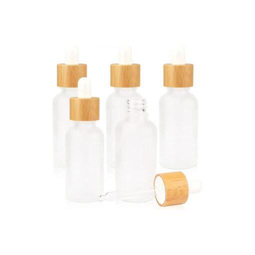 Frosted Glass Dropper Bottle, Refillable Glass Essential Oils Bottles With Eye Dropper & Bamboo Lids White Rubber Head Travel Cosmetic Storage Container Pot Holder,5pcs ( 30ML )