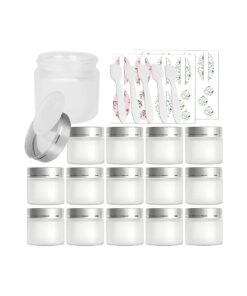 15 Pack, 2 oz 60ml Frosted Glass Jars with Silver Lids & Inner Liners, Empty Matte Clear Round Refillable Cosmetic Containers Travel Jars for Cosmetics, Body Butter, Scrubs, Face Cream Lotion and More