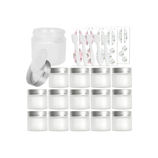 15 Pack, 2 oz 60ml Frosted Glass Jars with Silver Lids & Inner Liners, Empty Matte Clear Round Refillable Cosmetic Containers Travel Jars for Cosmetics, Body Butter, Scrubs, Face Cream Lotion and More