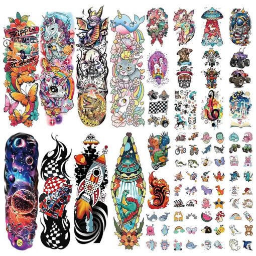 52 PCS Kids Full Arm Temporary Tattoo, Fake Tattoos for Kids, Rocket Car Dinosaur Planet Astronaut Tattoo for Boy, Dolphin Castle Cat Body Arm Tattoos Stickers for Girl, Party Supplies Gifts for Kids