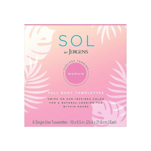 SOL by Jergens Full Body Self Tanner Towelettes, Streak-free Natural-Looking Sunless Tanning Wipes, 6 Count, Infused with Coconut Water and Vitamin E, Sun-inspired Color in 4 Hours