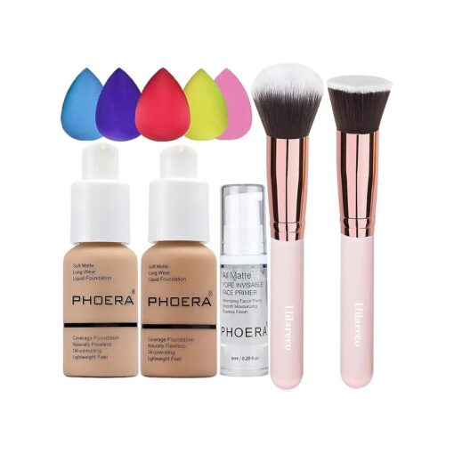 PHOERA Foundation 104 and 105 & Face Primer, Liquid Full Coverage Foundation Set, Foundation Brush Powder Brush,5 Makeup Sponge,30ml PHOERA 24HR Matte Oil Control Concealer ( 104 Buff Beige + 105 Sand )