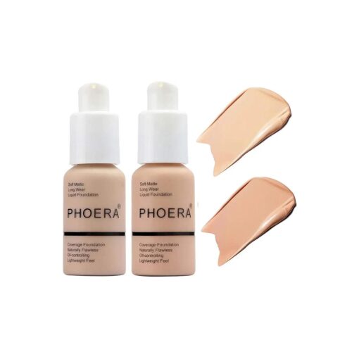 BestLand 2Pack PHOERA Foundation Full Coverage Liquid Foundation Cream - Long-lasting Lightweight Concealer - Oil-Free Formula - Natural Shade - Suitable for All Skin Types ( 102 Nude & 103 Warm Peach )