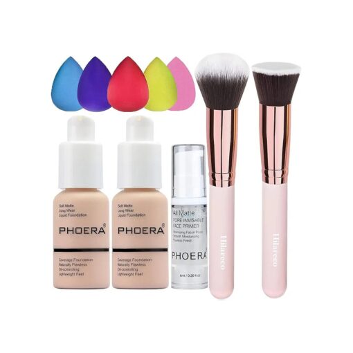 PHOERA Foundation Makeup for Wome Full Coverage Foundation Set, Face Primer Foundation Brush Powder Brush,5 Makeup Sponge,30ml PHOERA 24HR Matte Oil Control Concealer ( 101 Porcelain + 102 Nude )