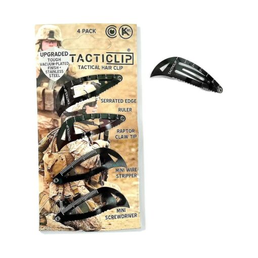 Tactical Hair Clips, 4 Pack - Black - Multitool Snap Barrettes - Laser Engraved, Vacuum Plated, Multi-Functional Keychain Multi Tool - Box Cutter, Serrated Edge, Raptor Claw