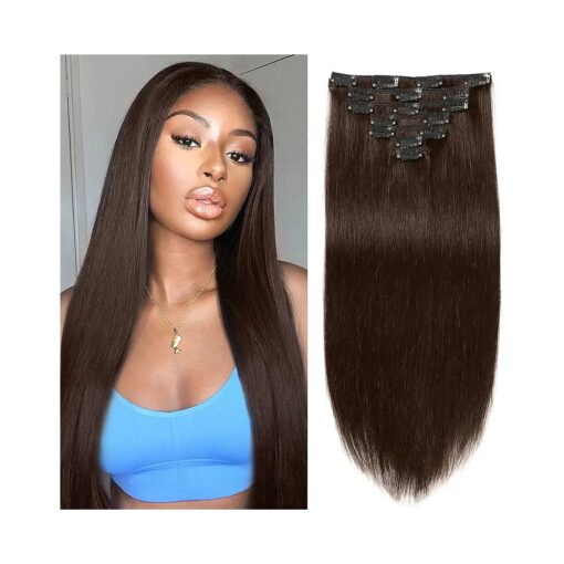 Clip in Hair Extensions Real Human Hair for Black Women 20 Inch # 2 Dark Brown Color Straight Remy Human Hair Extensions 100 % Unprocessed Full Head 7 Pcs with 16 Clips Human Hair