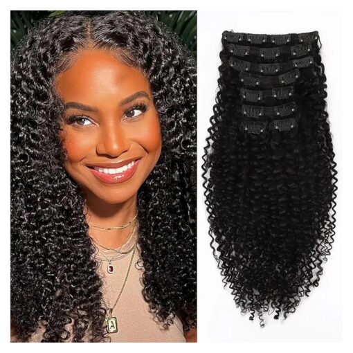 Curly Clip in Hair Extensions Real Human Hair 3C 4A Kinky Curly Full Head for Black Women Natural Color 100 % Brazilian Virgin Human Hair Extensions 8Pcs with 18clips 120g/Set ( 16 inch )