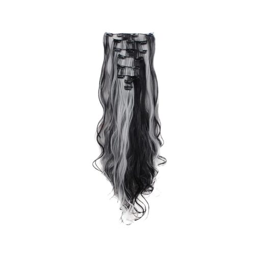 Womens 18 Clips 8pcs Full Head Hair Extensions 24 Inch Long Curly Natural Black mix Silver Grey Hairpiece