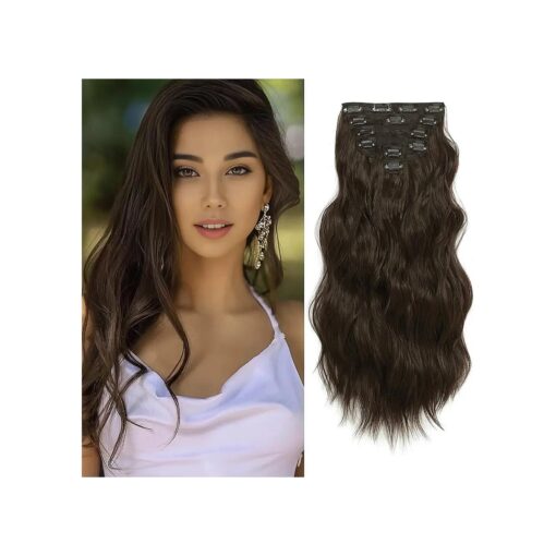 Clip in Hair Extensions for Women, 6PCS Long Wavy Curly Clip on Hair Extensions 20 Inch Medium Brown Synthetic Thick Hairpieces