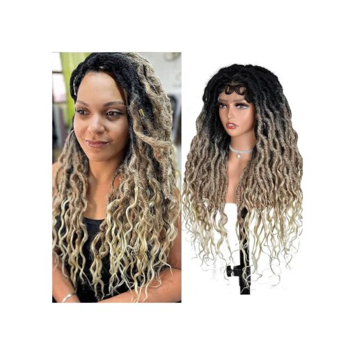 ANNISOUL Black with Blonde Faux Locs Wigs for Black Women Curly Goddess Faux Locs Crochet Hair Full Lace Braid Wig with Baby Hair Braided Wig Goddess Dreadlock Wig