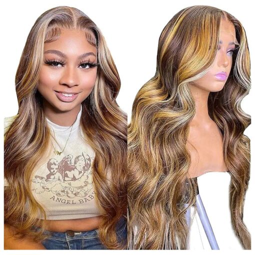 Body Wave Highlight Ombre Lace Front Wig Human Hair Pre Plucked 13x4 HD Transparent 180 % Density 4/27 Colored Lace Frontal Wigs For Women with Baby Hair Honey Blonde Lace Front Wig ( 22 Inch )