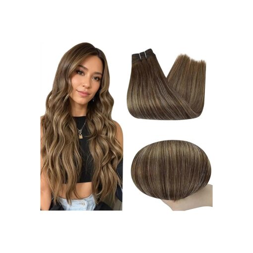 Full Shine Human Hair Extensions Sew in 20 Inch Weft Hair Extensions Human Hair Medium Brown Extensions Ombre to Caramel Blonde and Brown 105 Grams Remy Human Hair for Women Double Weft Hair