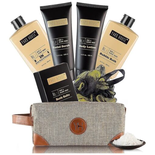 Mens Bath and Body Gift Set - Musk and Blonde Woods - Luxury Fathers Day Gifts From Daughter, Wife, Son For Dad, Husband - Relaxing Spa Kit for Him in Toiletry Bag w. Full Size Items