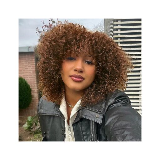 Afro Kinky Curly Wig With Bangs Short Curly Afro Wigs for Black Women 12 Inches Brown Synthetic Curly Wigs