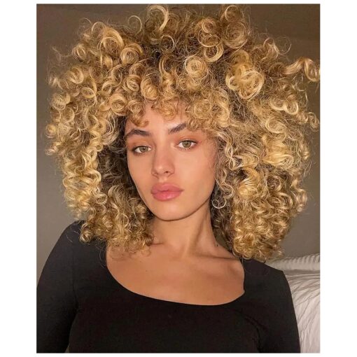 14 Inch Curly Wigs for Black Women Short Curly Wig with Bangs Big Loose Cute Kinky Curly Hair Synthetic Soft Wigs for Daily Party Cosplay ( Ombre Blonde )