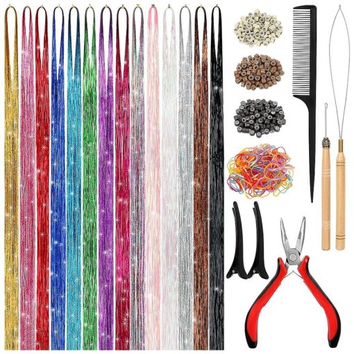 Hair Tinsel Kit ( 48 Inch,14 Colors, 3500 strands ), Tinsel Hair Extensions with Tools, Heat Resistant Fairy Hair Tinsel Kit for Women Girls Hair Accessories