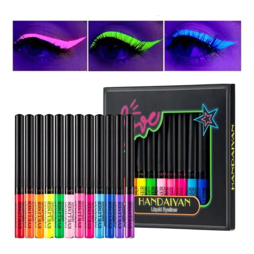 Neon Liquid Eyeliner Set, 12 Colors UV Glow Matte Eyeliner, Waterproof & Smudgeproof Long Lasting Colorful Fluorescent Body Face Paint Makeup for Daily Wear and Halloween Christmas