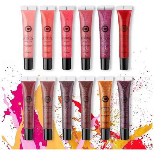 Ofanyia 12 Colors Glitter Lip Gloss Set, Shimmer Glitter Moisturizing Lip Stick Lip Glaze, Long Lasting Shining Lip Gloss, Crystal Jelly Lip Gloss Lip Makeup Halloween Christmas Gift Set for Kids Teen