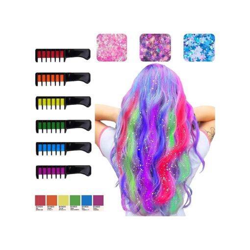 Hair Chalks for Girls, 6 Bright Temporary Washable Hair Color Combs with 3 Glitter, Hair Chalk Dyeing for Birthday Cosplay Halloween Party, Non-Toxic, Safe for Kids & Teens