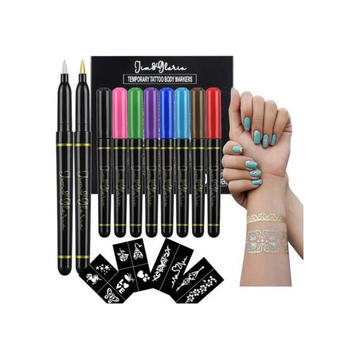 Jim & Gloria Skin Markers Tattoo Pen 10 Colors With Gold and Silver Fake Body Tattoos Brush Temporary Tattoo Kit Teen Girl Gifts Trendy Stuff Adults & Kids Birthday Thanksgiving and Christmas gift ideas