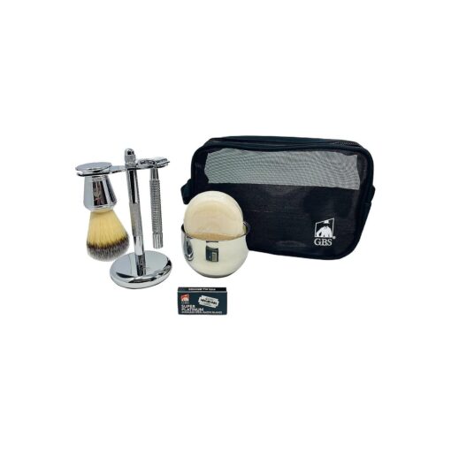 G.B.S Men 's Grooming Shaving Kit for Wet Shaving Butterfly DE Safety Razor, Shaving Brush, Chrome Soap Bowl, Shaving Soap, Brush and Razor Stand With DE Blades