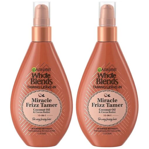 Garnier Whole Blends Sulfate Free Remedy Miracle Frizz Tamer 10-in-1 Leave-In Conditoner for Very Frizzy Hair, Coconut Oil & Cocoa Butter, 5 Fl Oz, 2 Count ( Packaging May Vary )