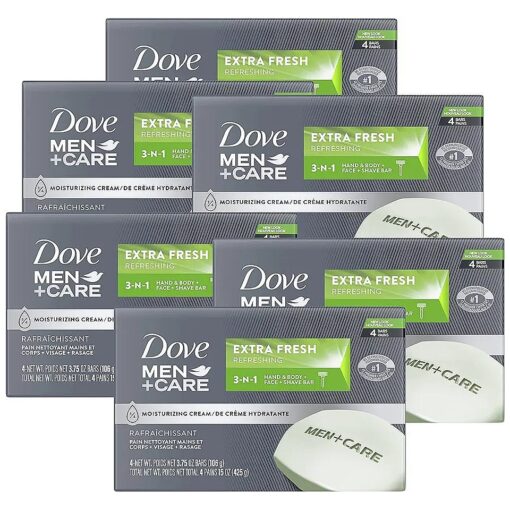 Dove Men+Care Bar 3 In 1 Cleanser For Body, Face, And Shaving To Clean And Hydrate Skin Extra Fresh Body And Facial Cleanser More Moisturizing Than Bar Soap 3.75oz 24 Bars