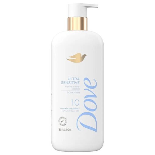 Dove Fragrance Free Body Wash Ultra Sensitive Gentle all-over cleanse 10 essential ingredients 18.5 oz