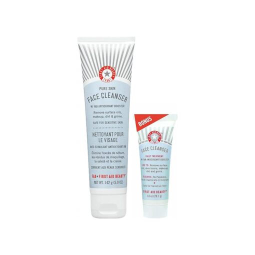 First Aid Beauty Pure Skin Face Cleanser Bundle - Sensitive Skin Gentle Cleanser - Classic 5 oz Tube + Bonus 1 oz Travel Size