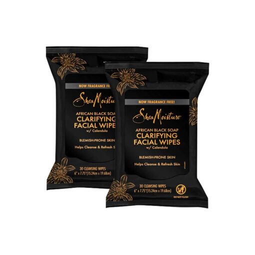 Shea Moisture Makeup Remover Face Wipes, African Black Soap, With Tea Tree Oil & Calendula, Removes Makeup & Dirt to Clarify Oily Blemish Prone Skin, Pack of 2, 30 Wipes Per Pack