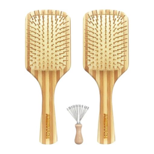 Bamboo Hair Brush with Cleaner Tool for Women Men Thick Curly Hair, Bamboo Bristle Large Wood Paddle Detangling Brush Helps Hair Growth, Enhance Shine & Health, Massaging Scalp - 2 Pack