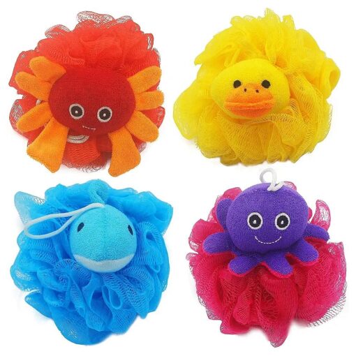 ( 4 Pack ) Lovely Animal Design Kids Exfoliating Bath Scrubber Body Scrubber Shower Ball for Baby Toddler Kids Gentle Exfoliating Bath Sponge Loofah Pouf in Colorful Design