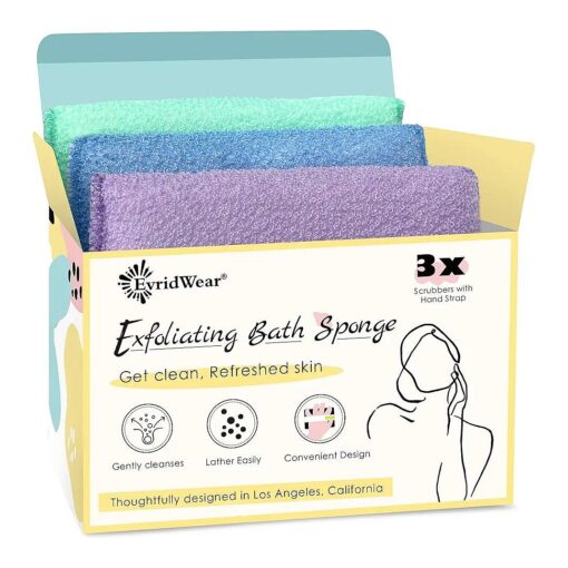 Evridwear Exfoliating Bath Sponge, Daily Skincare Body Scrubbers Loofah Shower Pads with Strap for Body Cleansing, Dead Skin Cell Remover, 3 Count Value Pack ( Macaroon )