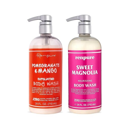 Renpure Pomegranate Mango & Sweet Magnolia Moisturizing Body Wash for Dry Skin 2Pk aEUR" Gentle Exfoliating & Hydrating Natural Antioxidant Shower Gel & Sensitive Skin Body Wash with Pump for Women