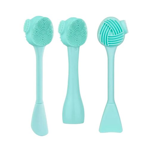 Silicone Facial Cleansing Brush 3 Pack, Beomeen 4 in 1 Handheld Face Scrubber for Deep Gentle Exfoliating, Double-Ended Face Wash Scrub Brush for Face Skincare and Massage ( Green )