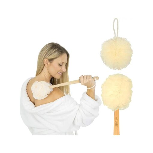 Long Handle Loofah Back & Body Scrubber ( Men & Women ) - Exfoliating Shower Sponge On A Stick - Pouf Brush Exfoliator Bath Accessories for Face, Feet - Handheld Washer for Adults, Elderly ( Light )