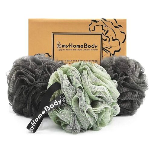 myHomeBody Large 70g Loofah Sponge, Bath Body Scrubber for Women, Men | Exfoliating Shower Pouf with Activated Charcoal - 2 Graphite Gray + 1 Sage Green, 3 Pack