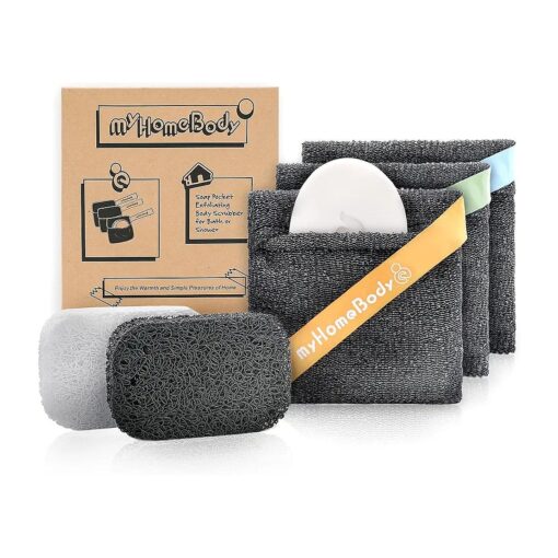 myHomeBody Soap Pocket Squares Exfoliating Soap Saver Pouch | Body Scrubber, Exfoliator Sponge for Bath or Shower | for 5oz Bar Soap or Leftover Bits | Graphite Gray, 3 Pack + 2 Soap Lifting Pads