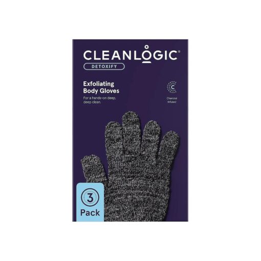 Cleanlogic Detoxify Charcoal Infused Exfoliating Glove, Stretchy Bath & Shower Gloves, Reusable Exfoliator Tool for Smooth & Softer Skin, 3 Pairs, 6 Count Value Pack