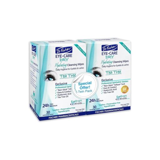 Dr. Fischer Tea Tree Eyelid Wipes for Dry Eyes - Gentle Eye Wipes for Everyday Eye Conditions and Hypoallergenic Makeup Remover ( 60 Wipes )