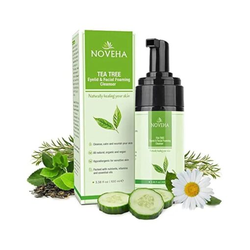 NOVEHA Tea Tree Oil Foaming Cleanser | Therapeutic Daily Skincare For Eyelash & lids, MGD, Eye Irritations, Stye Eyes, Skin Dryness, Moisturize with Organic Ingredients, For All Skin Types 3.38 Fl Oz